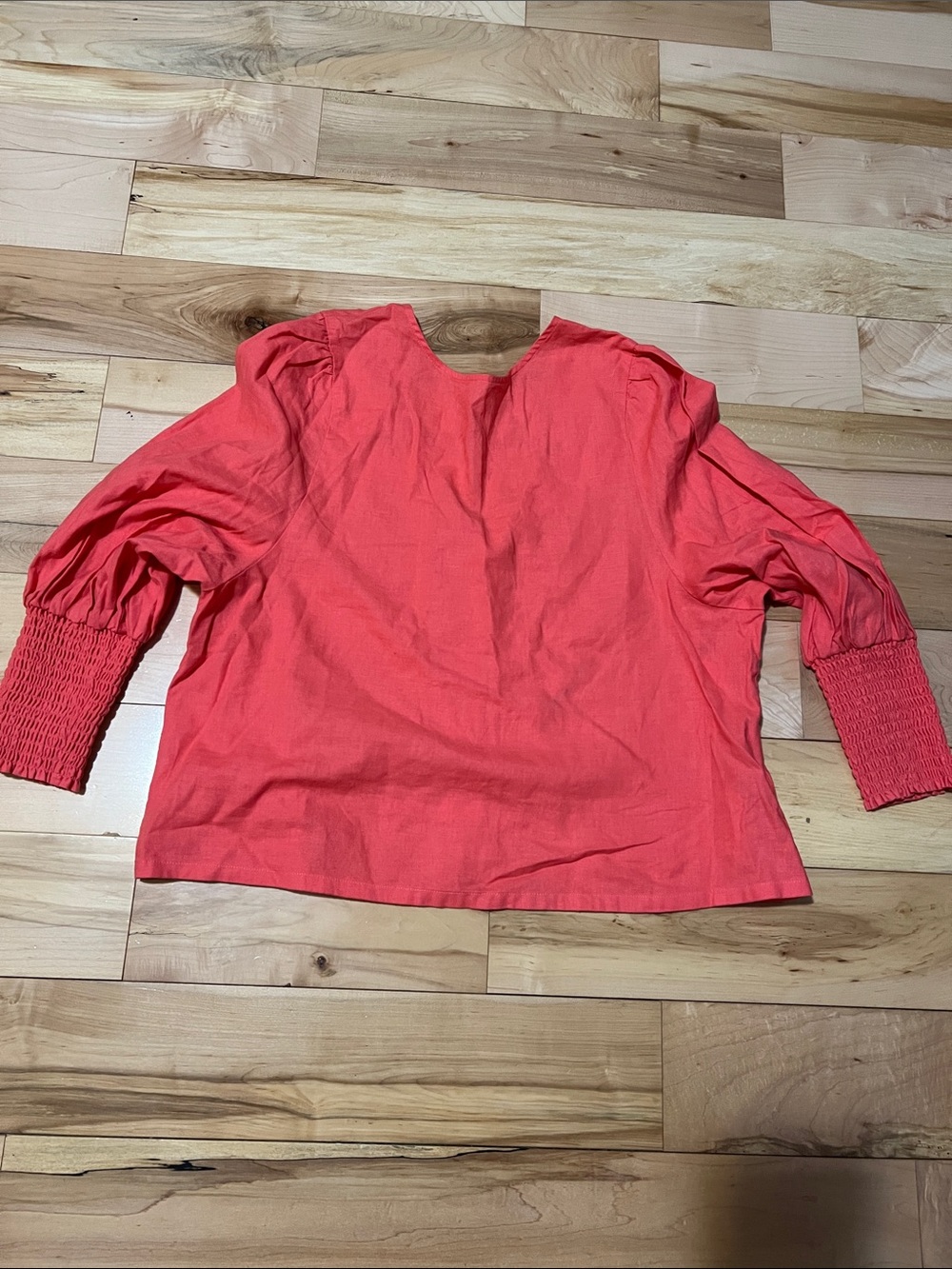 Stella & Dot Coral Puff-Sleeve Blouse with Smocked Cuffs